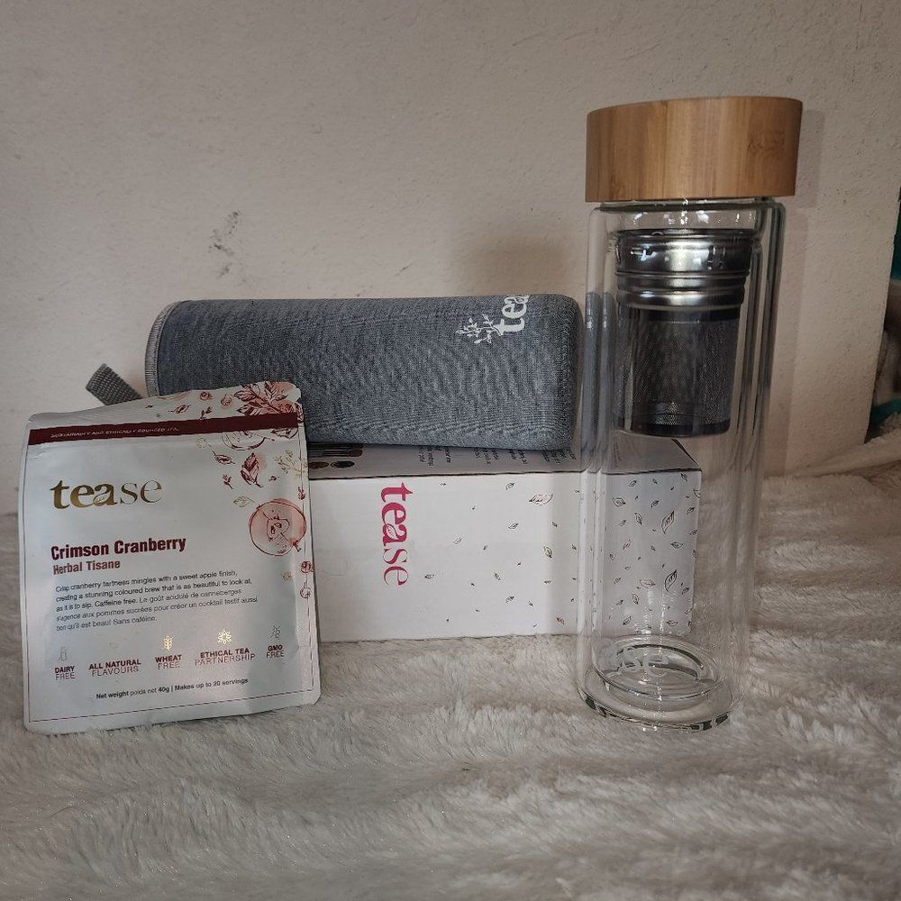 Tease Tea 3 in 1 Sustainable Glass and Bamboo Tea Tumbler in Gray and Tea Bundle